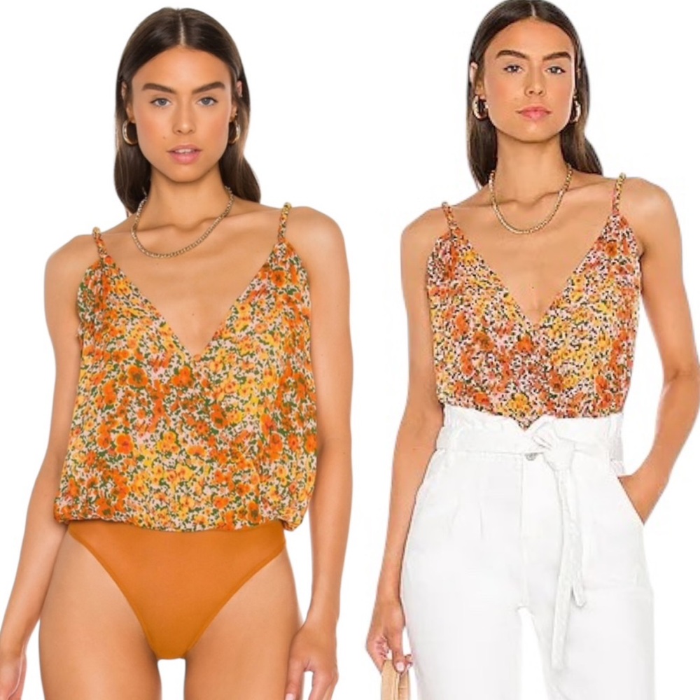Free People Floral V-Neck Bodysuit in Orange and White
